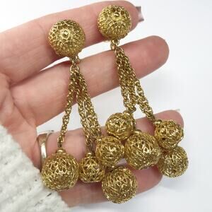 Vintage 1965 Monet Serenata 1965 Gold Filigree Multi Ball Drop Clip On Earrings